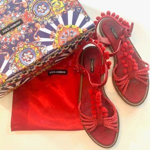 DOLCE & GABBANA RED POM POM SANDALS - EU40